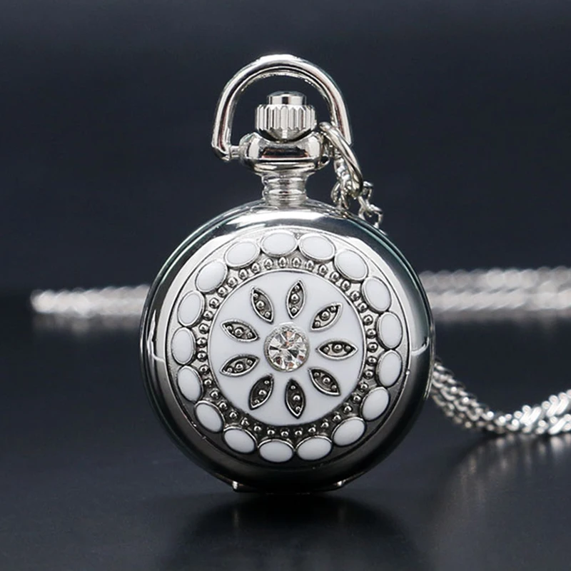 

Fashion Silver White Ceramics Flower Crystal Small Size Quartz Pocket Watch Necklace Pendant Women Lady Girl Birthday Gift P205