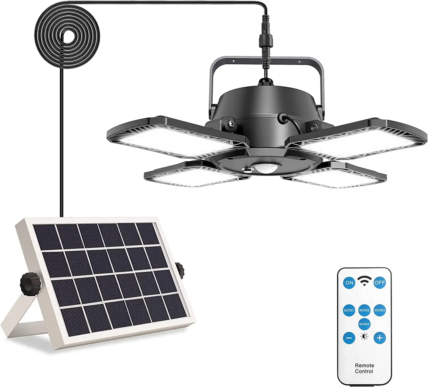 Solar Pendant Light Outdoor Indoor 1000LM 128LED 4-Leaf 120° Adjustable Solar Motion Sensor Light with Remote & 4 Lighting Mod
Solar Pendant Light Outdoor Indoor 1000LM 128LED 4-Leaf 120° Adjustable Solar Motion Sensor Light with Remote & 4 Lighting Mod