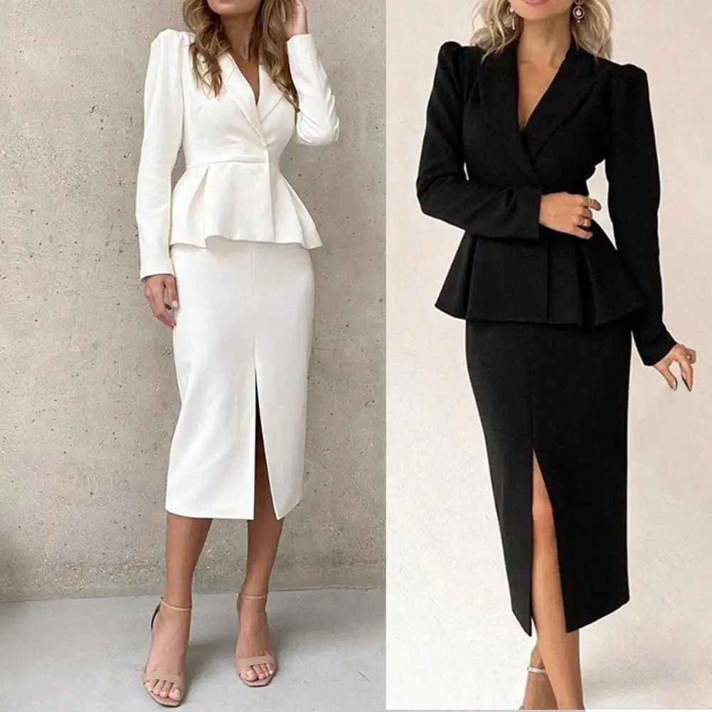 

1 Set Office Lady Blazer Skirt Ruffles Split Two Piece Spring Summer Turndown Collar Slim-fitting Bodycon Suit Set for Banquet