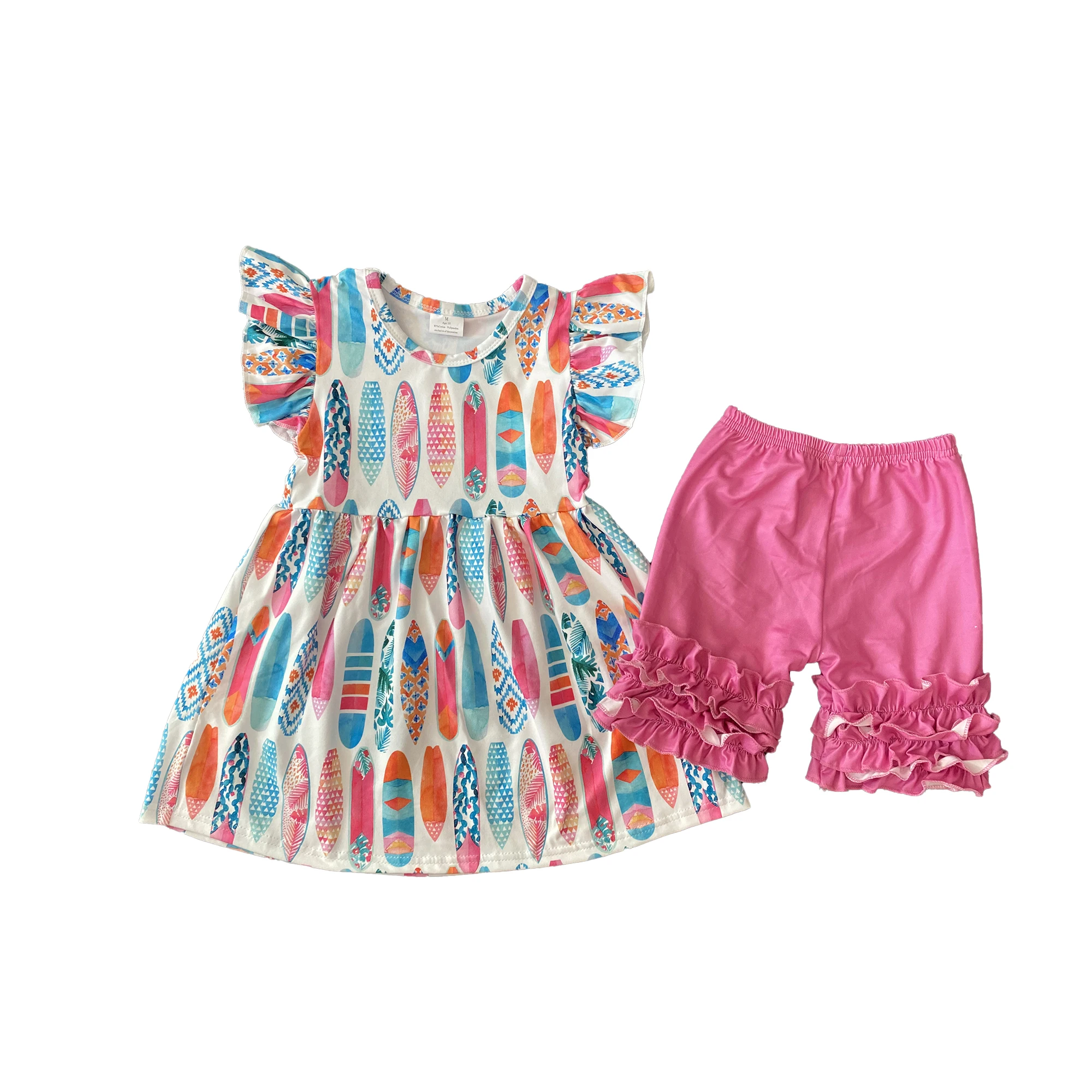 

Feather Print Cute Pink Girl Summer Suit Flutter Tunic Shorts 2-Piece Set Boutique Children's Clothing Wholesale