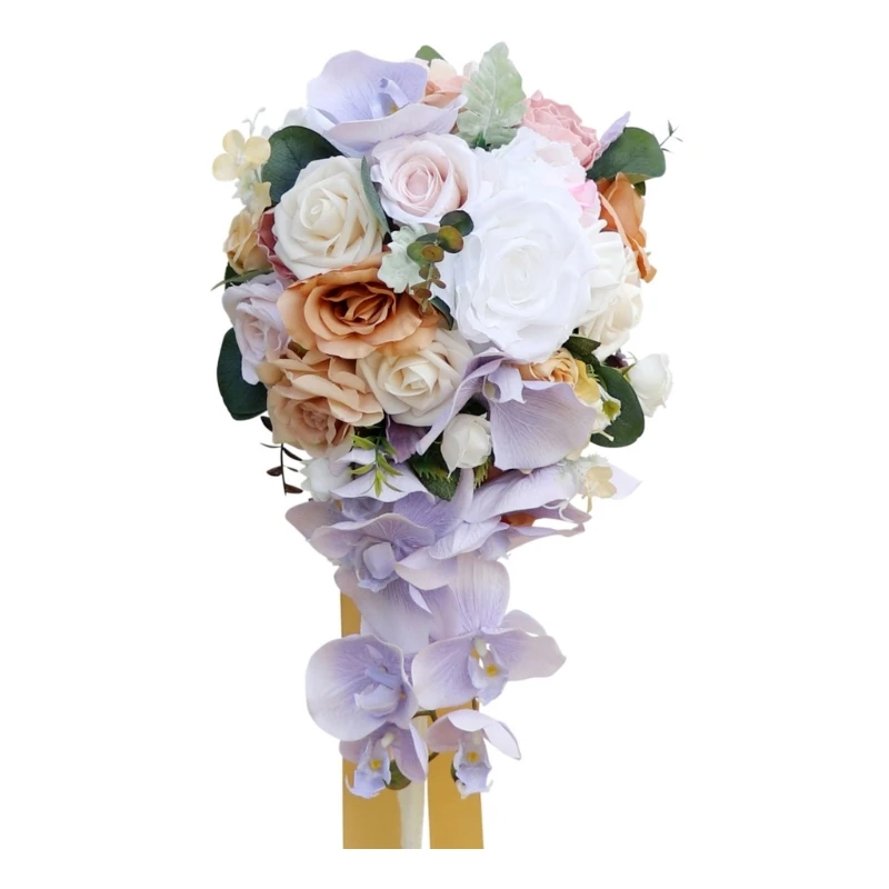 

Cascading Wedding Bridal Bouquet Bride Holding Bouquets with Artificial Rose Long Ribbon for Wedding Church Valentines