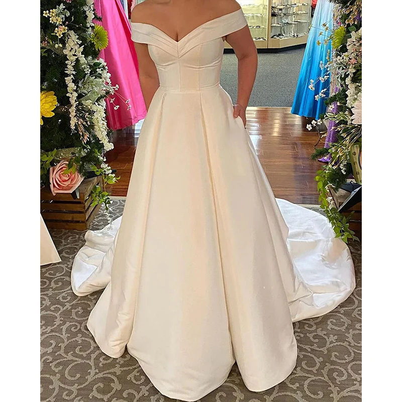 Women's A-line Off Shoulder Wedding Dresses for Bride with Sweep Train and Pockets Wedding Bridal Gowns Custom Made
Women's A-line Off Shoulder Wedding Dresses for Bride with Sweep Train and Pockets Wedding Bridal Gowns Custom Made