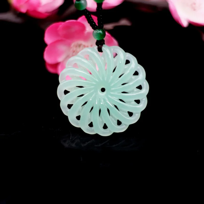 

Natural Light Green Jade Windmill Pendant Necklace Double-sided Hollow Carved Jadeite Fashion Charm Jewelry Amulet Gifts Women