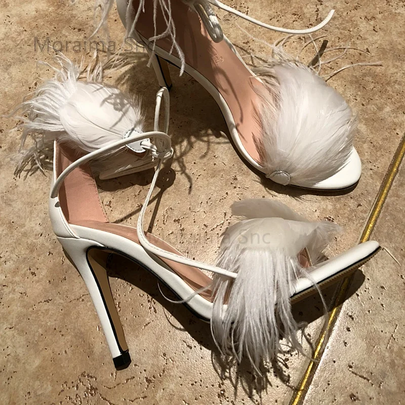 

White Feather High Heels Strappy Sandals for Women Cover Heel Stiletto Hollowed Out Sexy Lace-Up Banquet Shoes Summer New