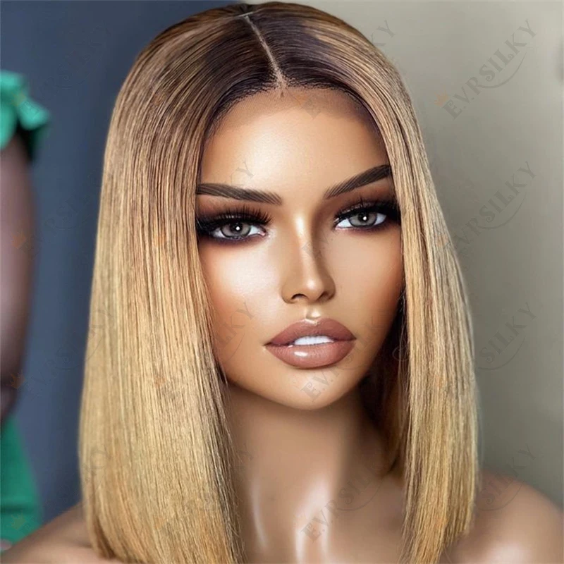 

Short Bob Brazilian Ombre Brown Honey Blonde Lace Front Human Hair Wigs For Women Preplucked Remy Straight 13x6 Lace Frontal Wig