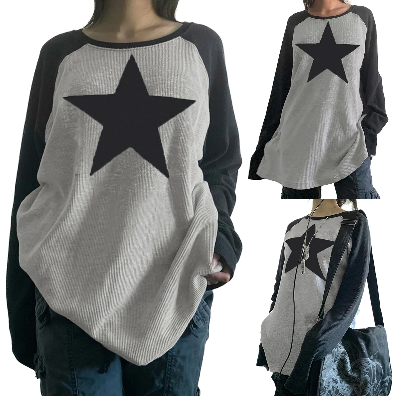 Женская Осенняя футболка, базовый пуловер, свитшоты с принтом звезд, Свободные повседневные топы с круглым вырезом и длинным рукавом, осенняя уличная одежда 
Женская Осенняя футболка, базовый пуловер, свитшоты с принтом звезд, Свободные повседневные топы с круглым вырезом и длинным рукавом, осенняя уличная одежда