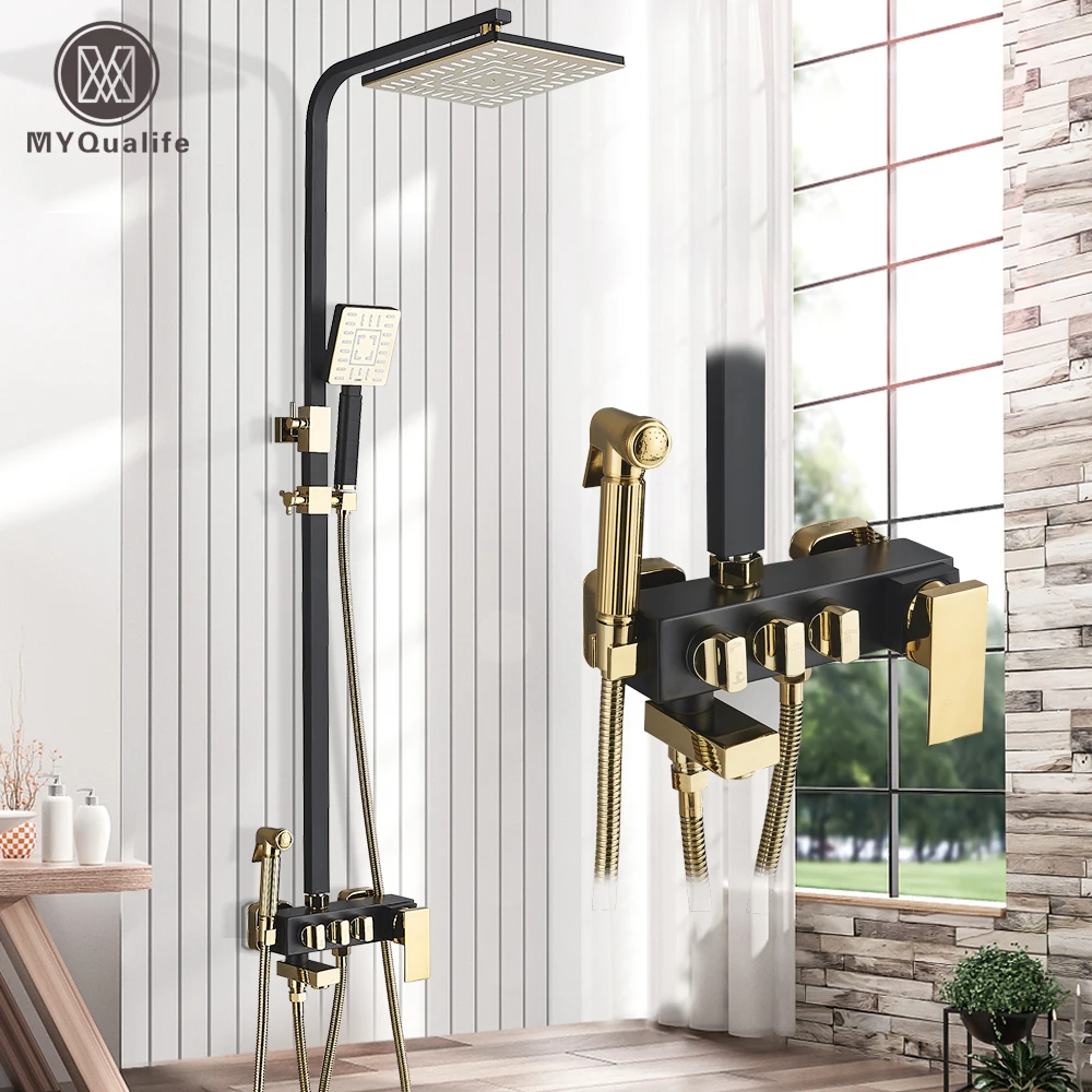 

Gold Shower Set Faucet Rainfall Bathtub Tap With Bidet 4 Function Shower Wall Mounted Hot Cold Shower Column Square 8" Mixer Tap