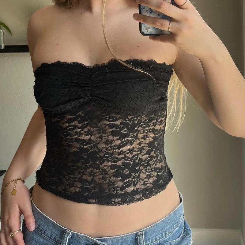 Женский кружевной топ с цветочным кружевом Y2K, обтягивающий винтажный топ-бандо на груди с открытой спиной в стиле 90-х годов 
Женский кружевной топ с цветочным кружевом Y2K, обтягивающий винтажный топ-бандо на груди с открытой спиной в стиле 90-х годов