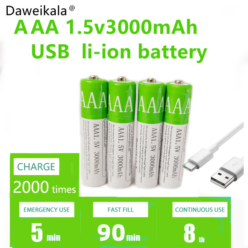 

Аккумуляторные батареи New2021, USB AAA, 1,5 в, 5500 мАч, литий-ионная батарея для пульта дистанционного управления, аккумуляторная батарея для игрушек + кабель Type-C