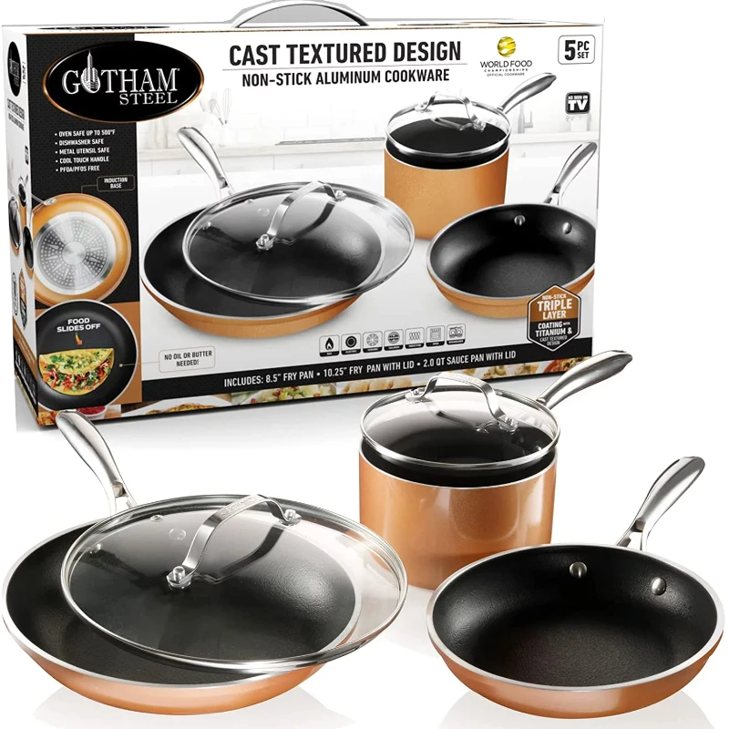 Copper Cast 5 Piece Cookware Set Non-Stick Pots and Pans Set Dishwasher & Oven Safe
Copper Cast 5 Piece Cookware Set Non-Stick Pots and Pans Set Dishwasher & Oven Safe