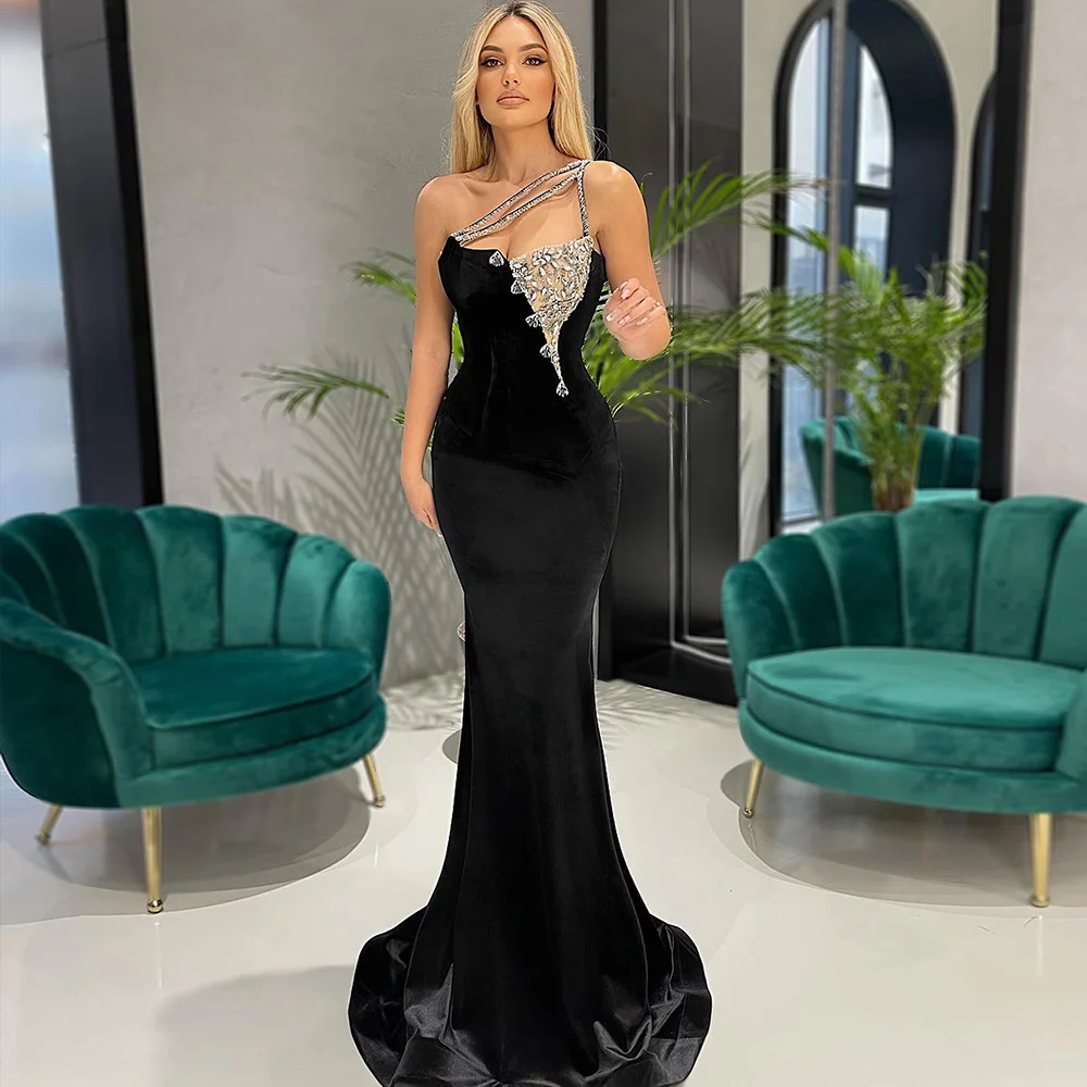 Modern Evening Dress For Women Sleeveless Zipper One Shoulder Prom Dresses Velour Trumpet Swep Train Crystal Robes De Soirée
Modern Evening Dress For Women Sleeveless Zipper One Shoulder Prom Dresses Velour Trumpet Swep Train Crystal Robes De Soirée
