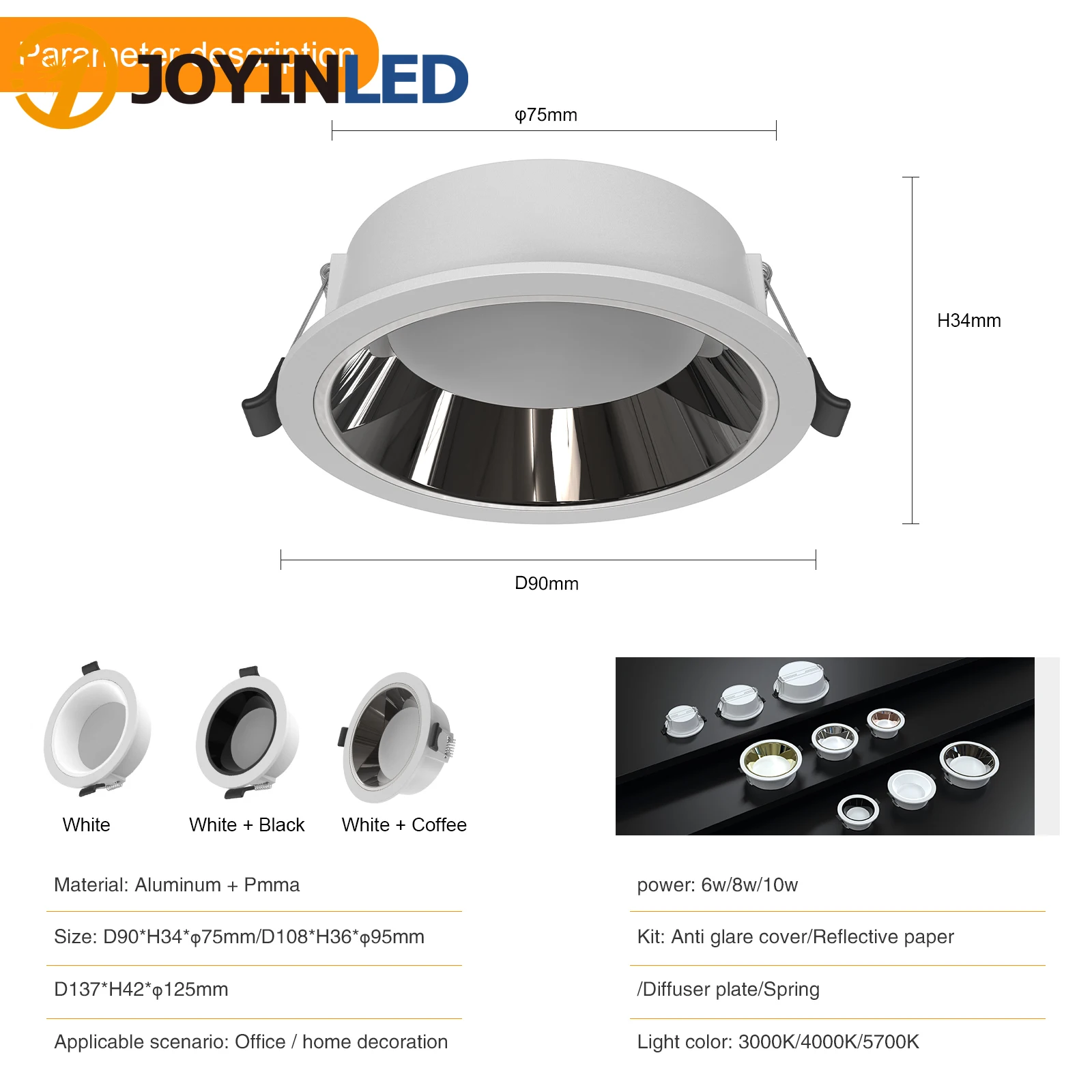 

LED Recessed Ceiling Light Anti Glare LED Downlights, 6W/8W/10W LED Ceiling Spot Lights, Dimmable Downlight lamp indoor lamp