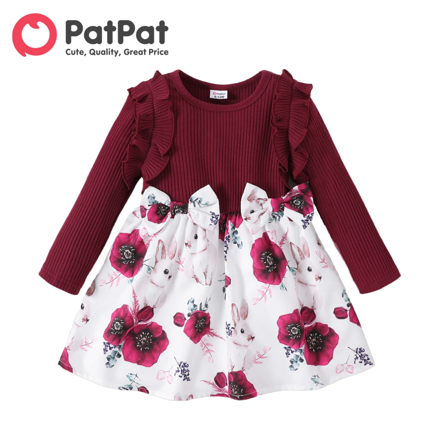 

PatPat Baby Girl Solid Rib Knit Ruffle Trim Long-sleeve Spliced Allover Print Bow Front Dress