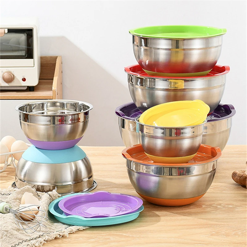 

Stainless Steel Salad Mixing Bowl with Lid Non-Slip Silicone Bottom Fruit Vegetable Bowls Egg Beater Basin Dough Food Container