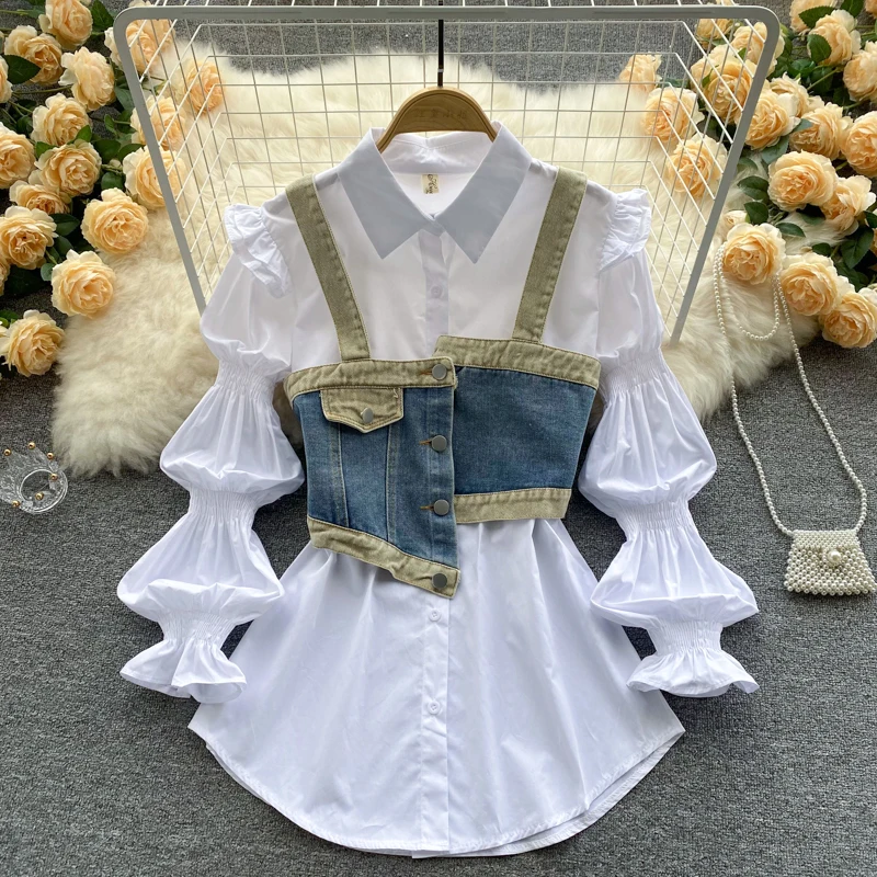 Women New Fashion Spring Autumn Long Sleeve White Shirt + Denim Camisole Two-piece Sets H060
Women New Fashion Spring Autumn Long Sleeve White Shirt + Denim Camisole Two-piece Sets H060