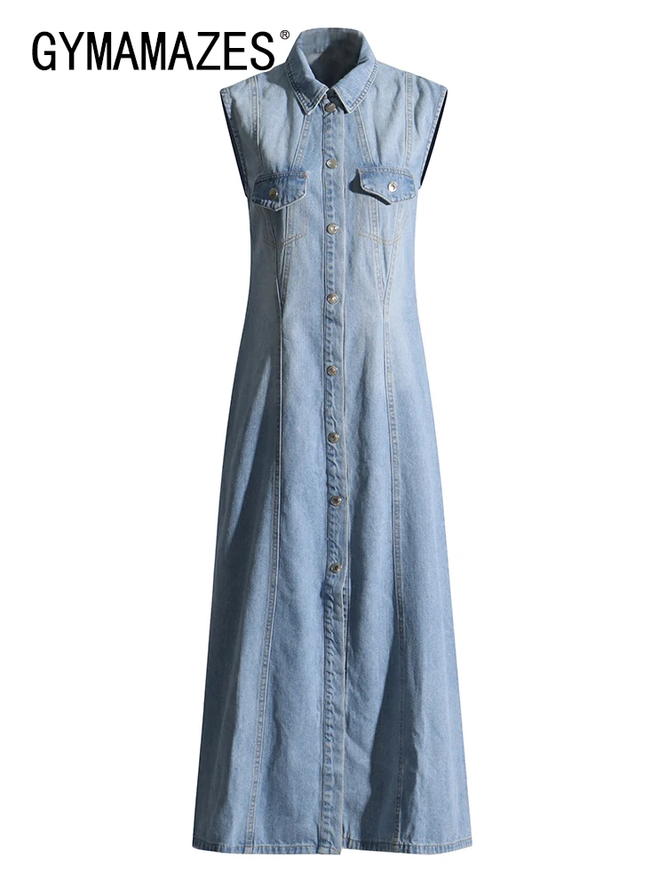 GYMAMAZES Denim Minimalist Dresses For Women Lapel Sleeveless High Waist Split Spliced Single Breasted Chic Dress Female Clothes 
GYMAMAZES Denim Minimalist Dresses For Women Lapel Sleeveless High Waist Split Spliced Single Breasted Chic Dress Female Clothes