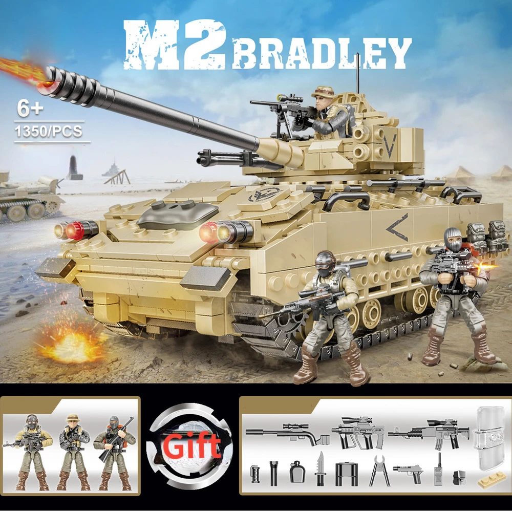 

1350 шт. масштаб армейские фигурки, мега-блок Ww2 M2 Bradley танк, Строительный кирпич, игрушка для мальчиков, подарок