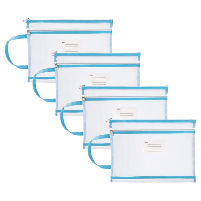 

4Pcs Mesh Zipper Pouch Translucent A4 Document Bag Book File Folders Stationery Pencil Case Blue