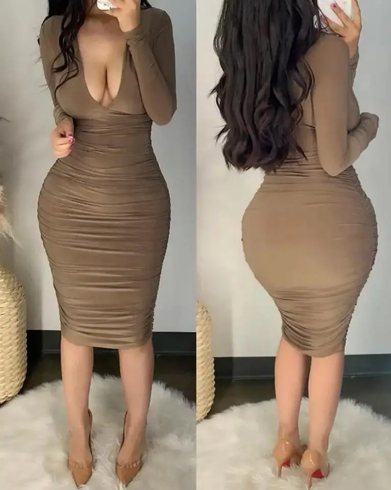 2022 New Sexy Summer Women's Dresses Plunge Ruched Long Sleeve Bodycon Dress Midi Skinny Female Dress
2022 New Sexy Summer Women's Dresses Plunge Ruched Long Sleeve Bodycon Dress Midi Skinny Female Dress