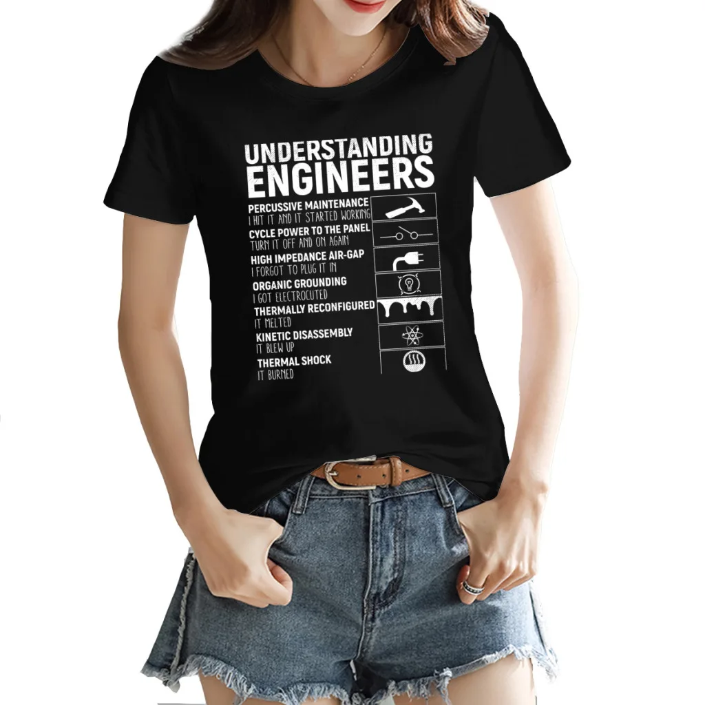 

Women's T-shirt Understanding Engineers Distressed Funny Crewneck Sarcastic Fresh Black Tops Tees European Size
