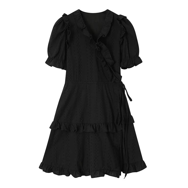 

Elegant Black Short Sleeve Women Dress Sexy V-neck Ruffle Edge Dress Lace Up A-line Ladies Mini Vestido Mujer 2023 Summer