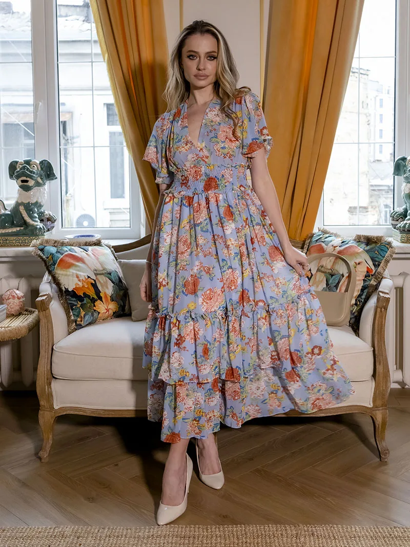 Pink White Floral Pleated Long Women Dress V Neck Sexy Beach Dress Short Sleeve Chiffon Boho Maxi Dresses For Women Summer 2023
Pink White Floral Pleated Long Women Dress V Neck Sexy Beach Dress Short Sleeve Chiffon Boho Maxi Dresses For Women Summer 2023