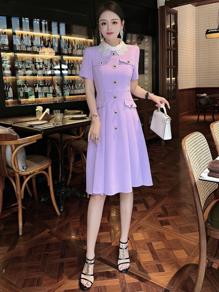 Summer Dresses for Women 2023 Beading Lace Collar Buttons Black Purple Vestidos Para Mujer Short Sleeve Casual Simple Robe 
Summer Dresses for Women 2023 Beading Lace Collar Buttons Black Purple Vestidos Para Mujer Short Sleeve Casual Simple Robe