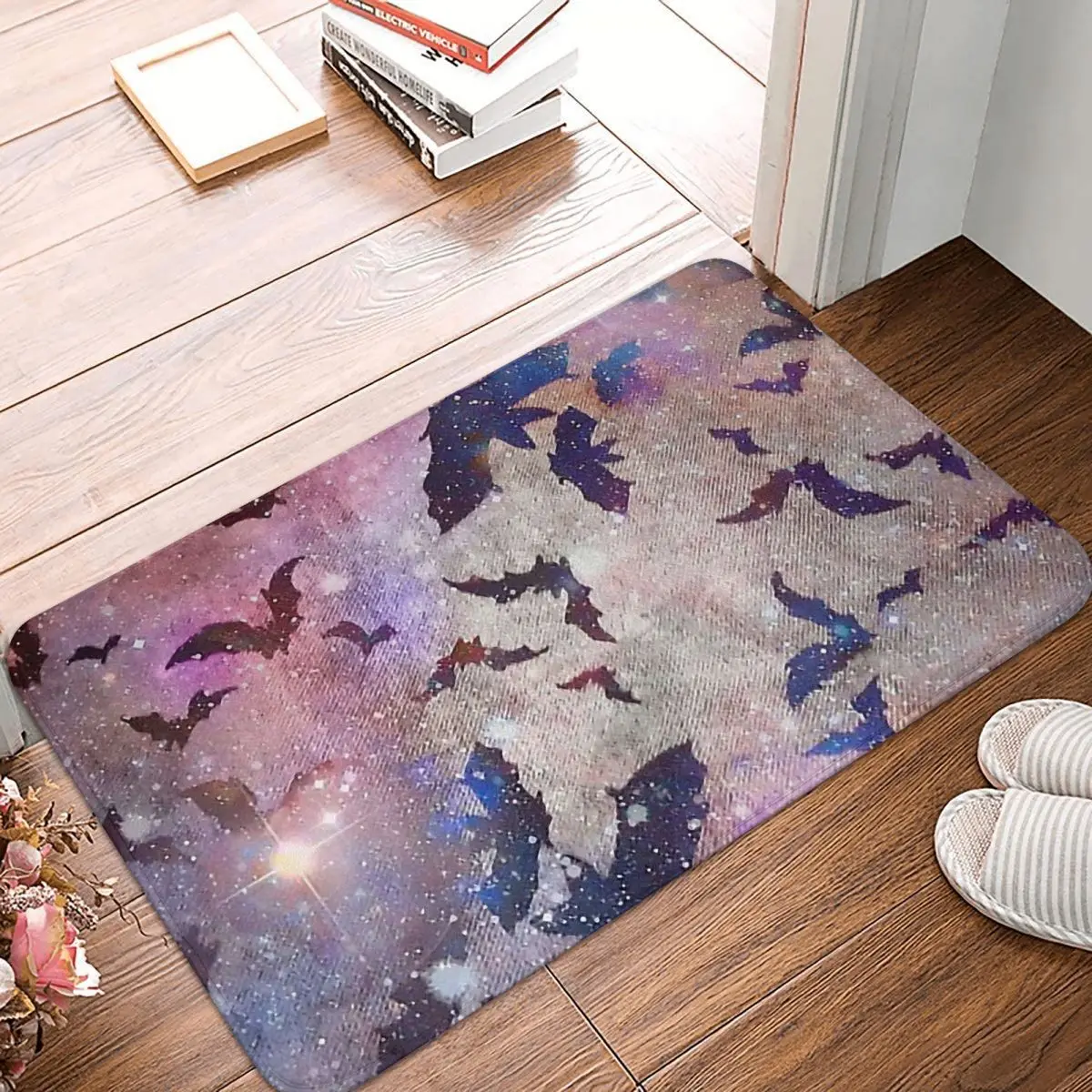 

Animal Cute Forest Ocean Non-slip Doormat Black Bats Flying In Sparkles Of Pink Bath Kitchen Mat Carpet Indoor Pattern Decor