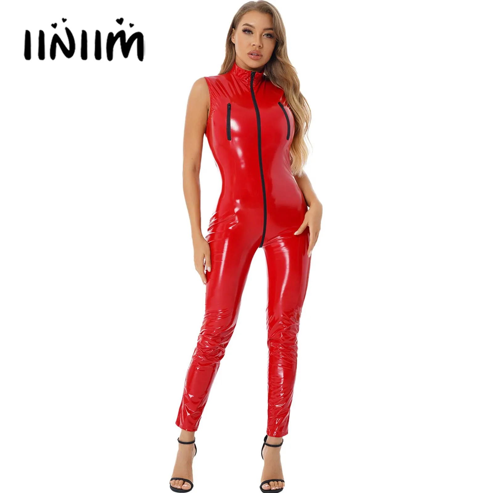 Womens Glossy Patent Leather Zipper Catsuit Pole Dance Costume Mock Neck Bodysuit Skinny Jumpsuits Rave Bar Festival Clothing
Womens Glossy Patent Leather Zipper Catsuit Pole Dance Costume Mock Neck Bodysuit Skinny Jumpsuits Rave Bar Festival Clothing