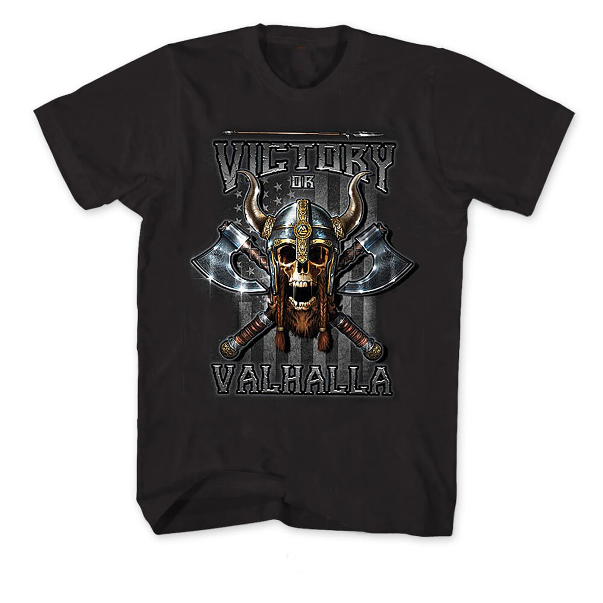 

Victory or Valhalla. American Flag Vi king Warriors Skull T-Shirt. Summer Cotton Short Sleeve O-Neck Mens T Shirt New S-3XL