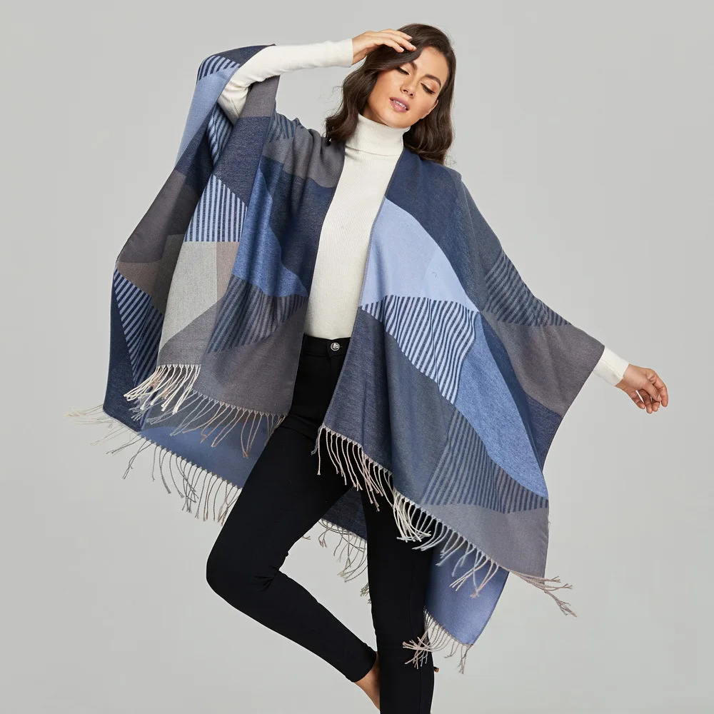 

Women's Winter Reversible Oversized Blanket Wrap Cape Split Tassel Cloak Geometric Pattern Open Front Poncho Shawl Cardigans