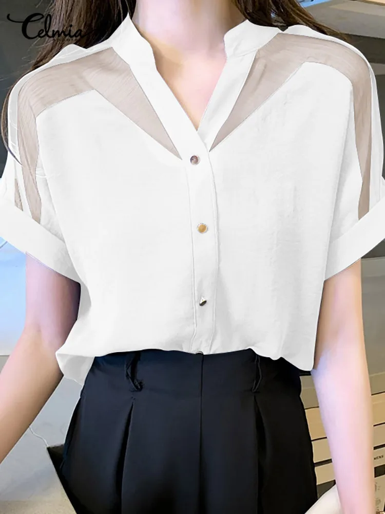 Casual V Neck Shirt Women Fashion See-through Celmia Elegant Chiffon Patchwork Blouses Short Sleeve Blusa Elegant OL Korean Tops
Casual V Neck Shirt Women Fashion See-through Celmia Elegant Chiffon Patchwork Blouses Short Sleeve Blusa Elegant OL Korean Tops