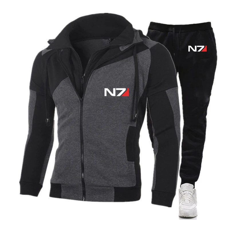 

2022 Mass Effect N7 Mens Hooded Zipper Sportswear Running Handsome Jacket Sports Pants Comfortable Suit