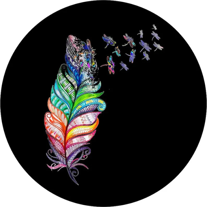 Feather with Dragonflies Spare Tire Cover for any Vehicle, Make, Model and Size - Jeep, RV, Travel Trailer, Camper and MORE
Feather with Dragonflies Spare Tire Cover for any Vehicle, Make, Model and Size - Jeep, RV, Travel Trailer, Camper and MORE