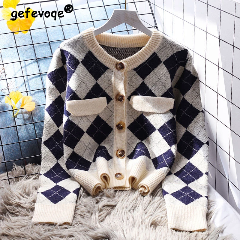 

Women Vintage Classic Argyle Chic Single Breasted Outewear Knitted Cardigan Y2K Casual Round Neck Long Sleeve Loose Sweater Coat