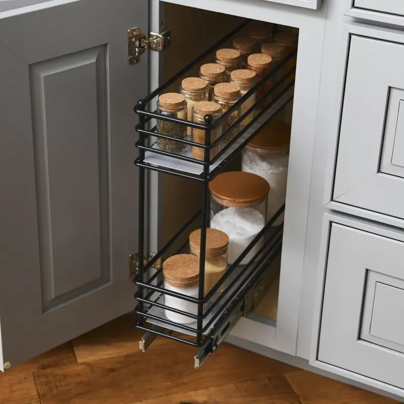 

Stylish, Slim Two Tier Narrow Sliding Cabinet Organizer, Matte Black, Perfect for Compact Cabinets in Kitchen, Bathroom and More