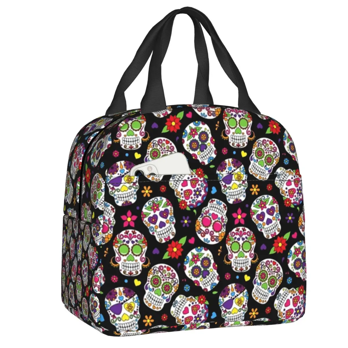 

Black Sugar Skulls Insulated Lunch Bag for Women Leakproof Mexican Day Of The Dead Cooler Thermal Lunch Box Beach Camping Travel