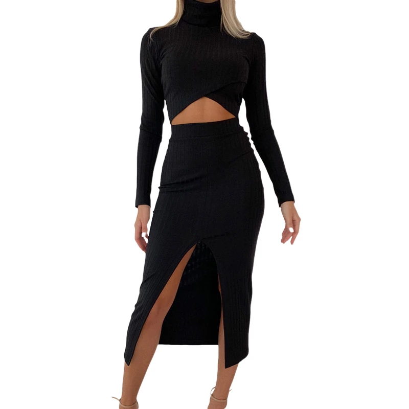 Ribbed Knitted Women Two Piece Matching Set Turtleneck Bodycon Long Sleeve Crop Top Split Midi Skirt Set 2022 Autumn Clothing
Ribbed Knitted Women Two Piece Matching Set Turtleneck Bodycon Long Sleeve Crop Top Split Midi Skirt Set 2022 Autumn Clothing