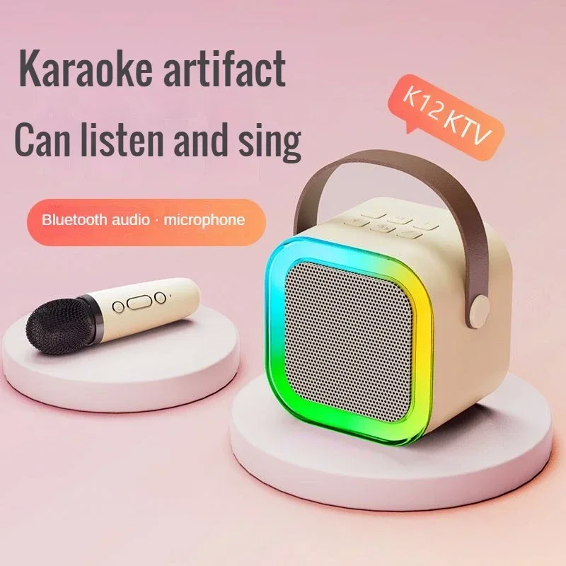 

Small Home Bluetooth Speaker Karaoke Machine with 2 Microphones RGB Ambient Lighting High Quality Stereo Sound Singing Speaker