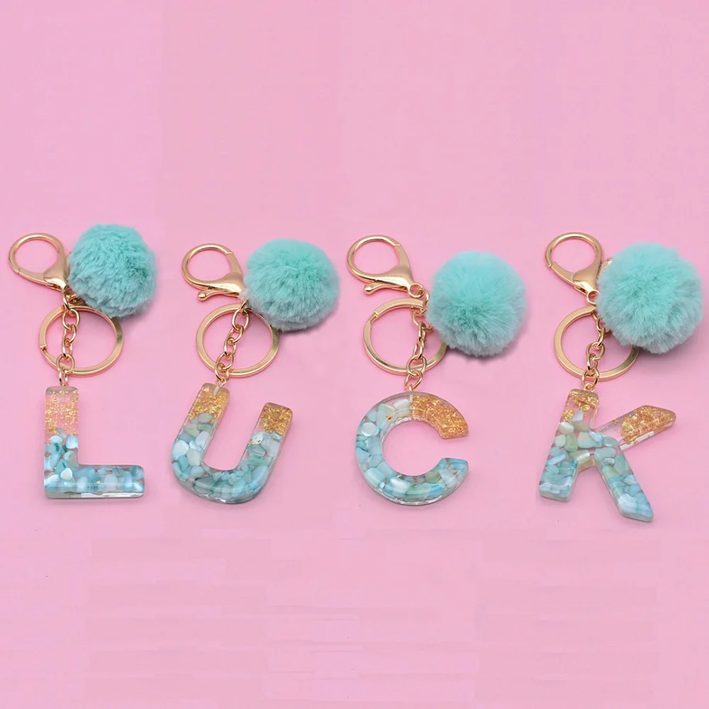 

26 Initials Letter Keychains with Plush Ball Women Handbag Car Key Pendants Ornament Glitter Resin Alphabet Keyrings Accessories