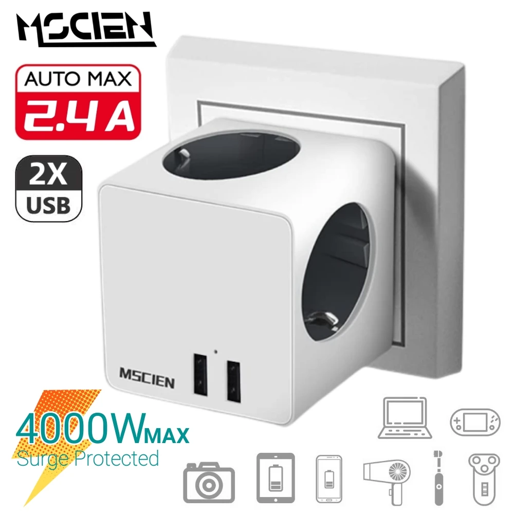 MSCIEN EU Plug Adaptor Surge Protected Cube Multi Plug Extension Wall Socket with USB Charging Ports European Smart Power Strip
MSCIEN EU Plug Adaptor Surge Protected Cube Multi Plug Extension Wall Socket with USB Charging Ports European Smart Power Strip