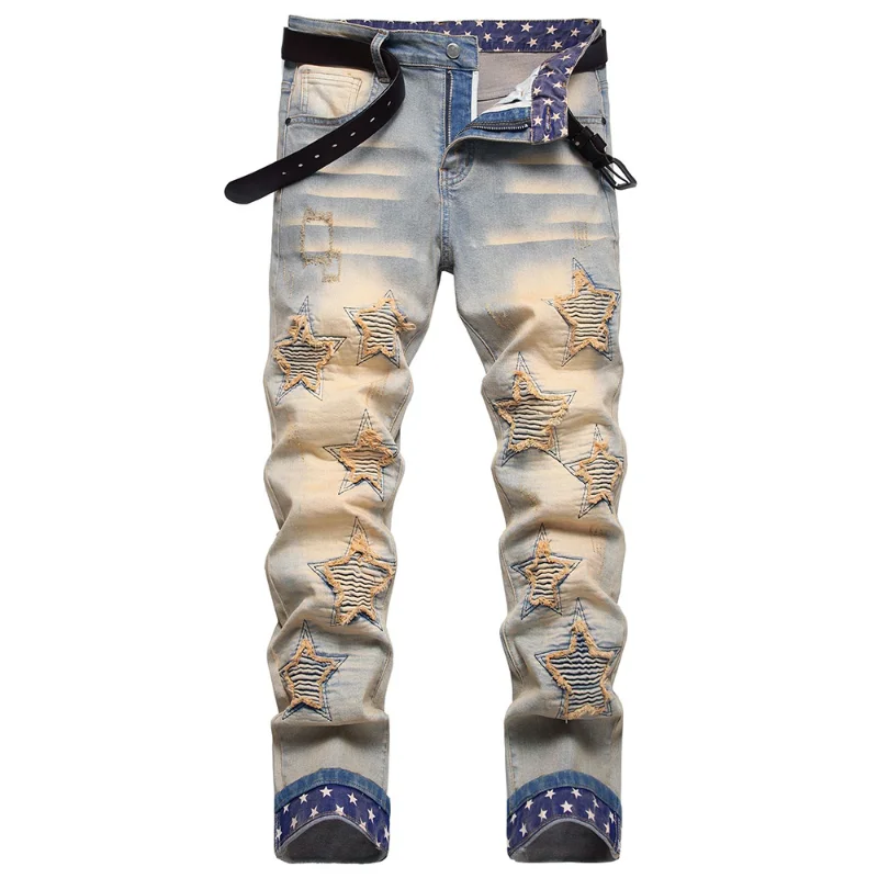 

Джинсы мужские Плиссированные с нашивками в виде звезд, облегающие прямые брюки из денима, уличная одежда с принтом на подоле, винтажные синие брюки стрейч в стиле ретро, в стиле пэчворк