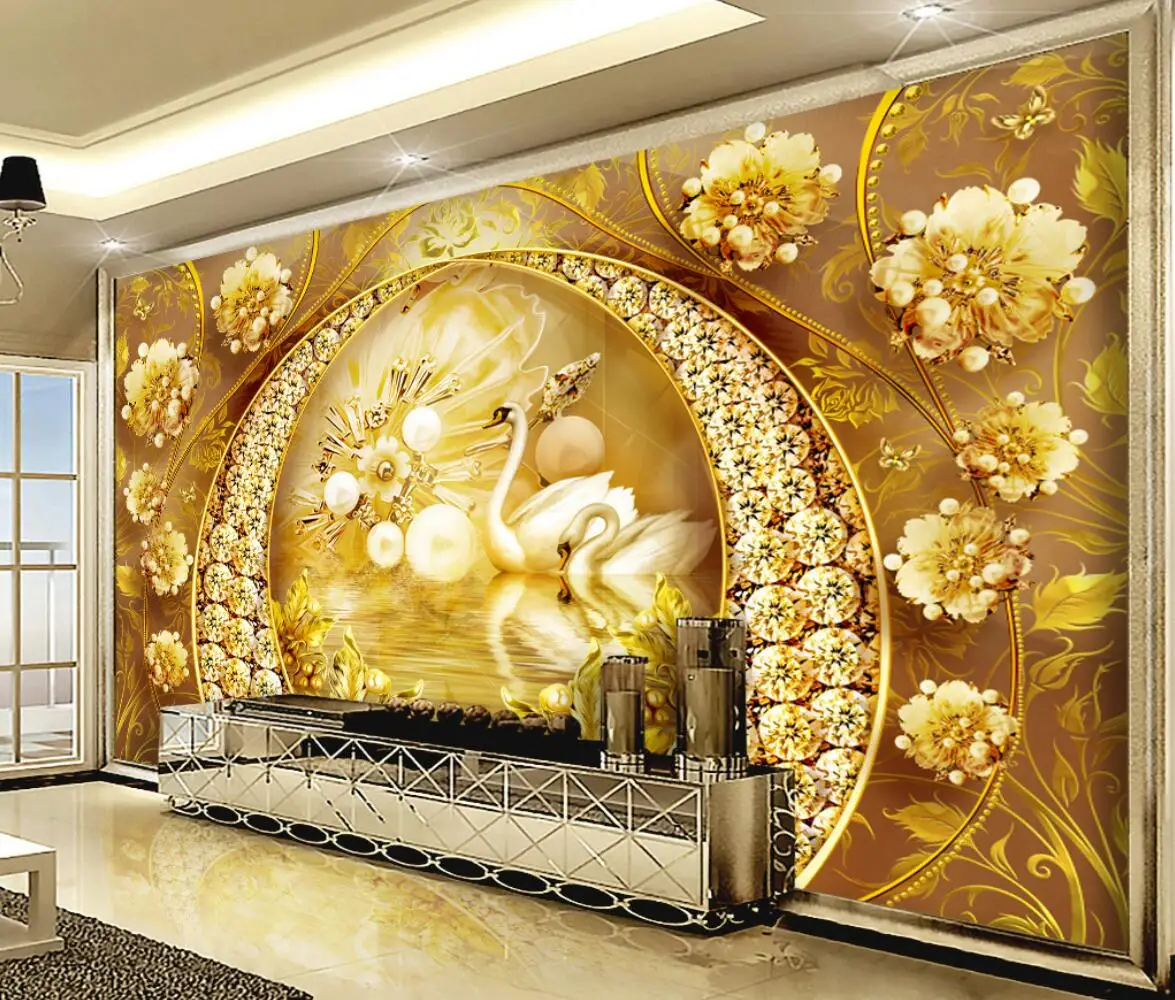 

beibehang Custom Wallpaper Mural Diamond Gold Gate Swan Lake Jewelry Flower High-end Background Wall papel de parede