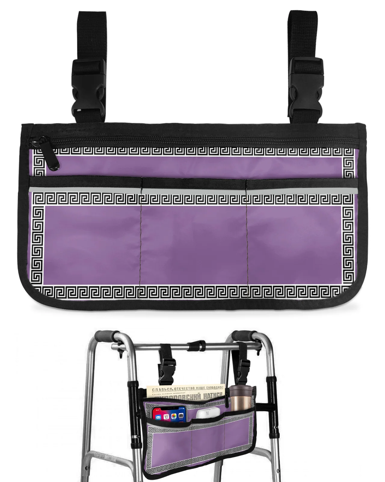 

Purple Geometric Greek Geometric Wheelchair Bag With Pockets Armrest Side Bags Electric Scooter Walking Frame Storage Pouch