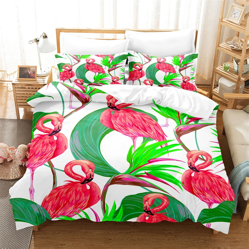 

Bedding Set Microfiber Tropical Botanical Leaves Floral Comforter Cover Flamingo Duvet Cover Queen Hawaiian Style Animal Theme