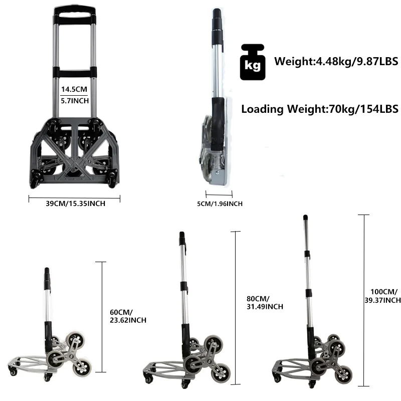 

150KG All Terrain Stair Climbing Cart Hand Truck with Bungee Cord Folding Trolley for Upstairs Cargo with 6 Crystal Wheels 트롤리