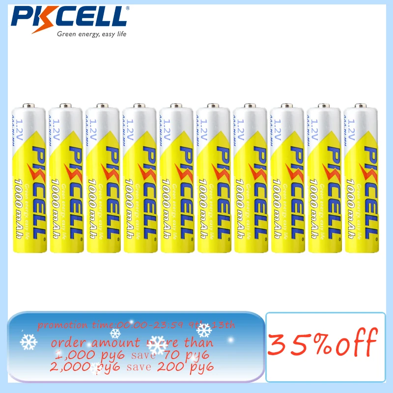 10 шт./лот, аккумуляторные батарейки PKCELL AAA, 1000 мА · ч, 3 А, 1,2 В, Ni-MH, батарейки AAA для камеры, фонарика, игрушки
10 шт./лот, аккумуляторные батарейки PKCELL AAA, 1000 мА · ч, 3 А, 1,2 В, Ni-MH, батарейки AAA для камеры, фонарика, игрушки