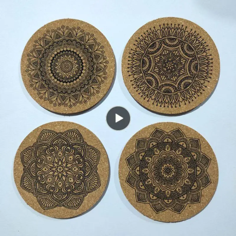 

Round Shape Wooden Coasters Non-slip Coffee Cup Pad Nordic Mandala Design With Rack Nordic Mandala Round Cork Coaster 1 Set