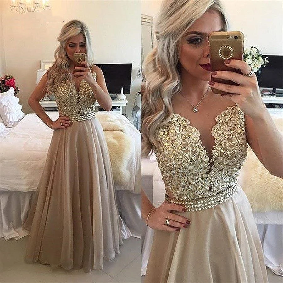 New Beaded Lace Applique Long Prom Dress Sheer Back Sleeveless Formal Gown Floor Length Wedding Dress Evening Dresses Plus
New Beaded Lace Applique Long Prom Dress Sheer Back Sleeveless Formal Gown Floor Length Wedding Dress Evening Dresses Plus