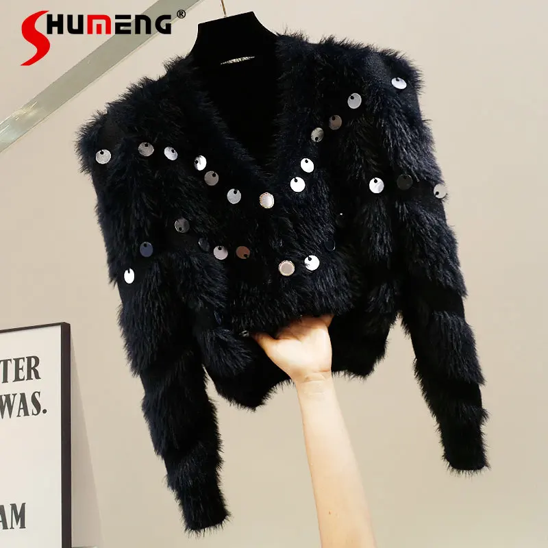 New Elegant Sequins Imitation Fur Long Sleeve Sweater Cardigan Coat Women's 2023 Spring Fashion High-End V-neck Knitted Top
New Elegant Sequins Imitation Fur Long Sleeve Sweater Cardigan Coat Women's 2023 Spring Fashion High-End V-neck Knitted Top